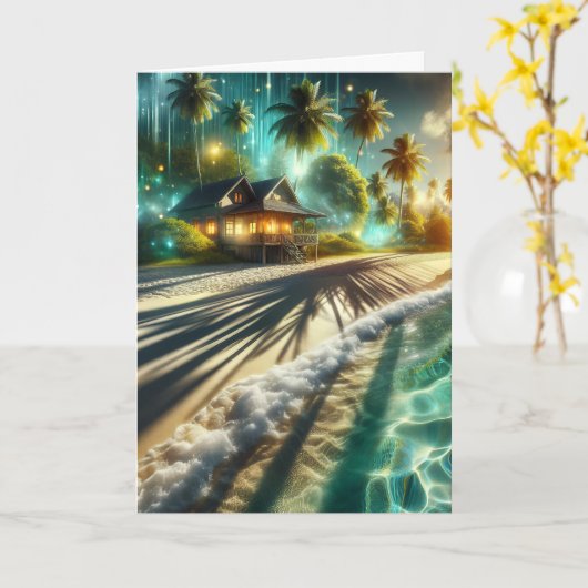 ハッピーバースデーパーソナライズされたビーチハウステーマド カード (黄色い花)