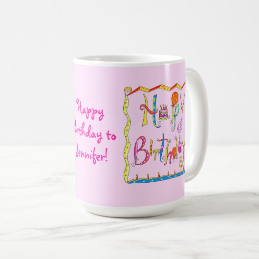ハッピーバースデーパーソナライズされたピンクマグ コーヒーマグカップ (正面右)