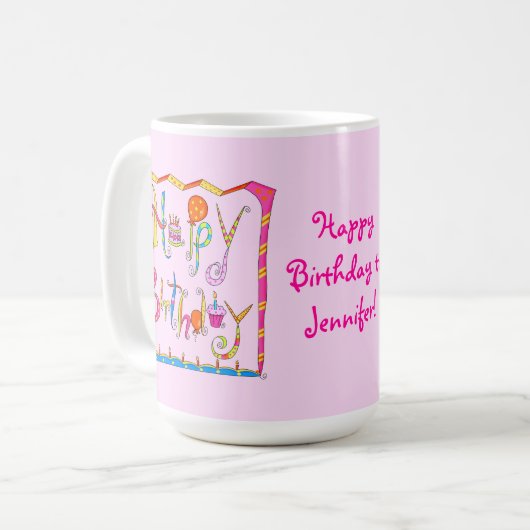 ハッピーバースデーパーソナライズされたピンクマグ コーヒーマグカップ (正面左)