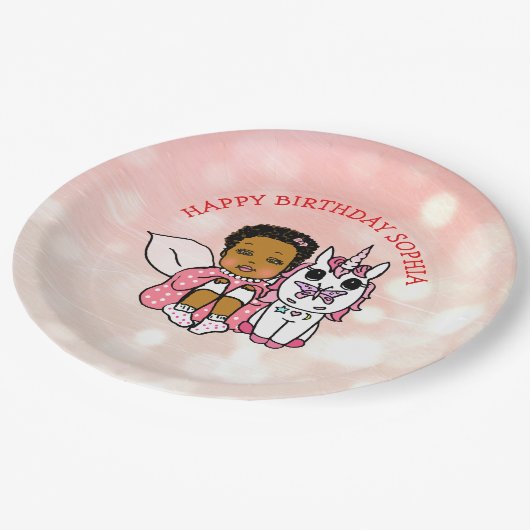 ハッピーバースデーパーソナライズされたフェアリーとユニコーン ペーパープレート (アングル)