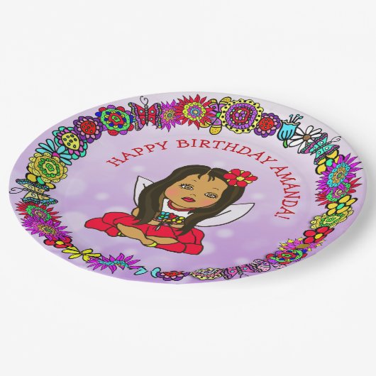 ハッピーバースデーパーソナライズされたユニコーンと妖精 ペーパープレート (アングル)