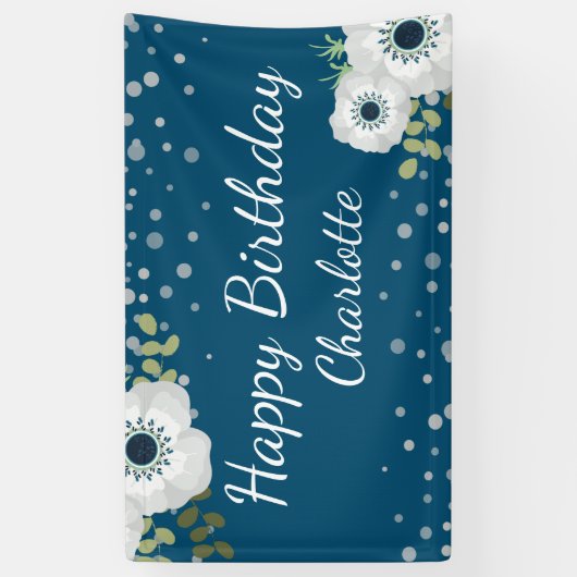 ハッピーバースデーパーソナライズされた名フローラ青 横断幕 (縦)