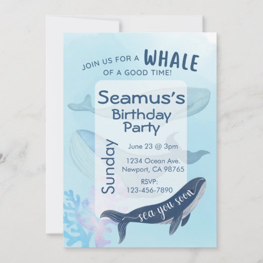 ハッピーバースデーパーソナライズされた招待状ブルーホエールホテル 招待状 (正面)