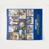 ハッピーバースデーパーソナライズされた11フォトコラージブルー タペストリー (正面(横))