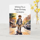 ハッピーバースデーパーソナライズされた | スケートボーダー カード (黄色い花)