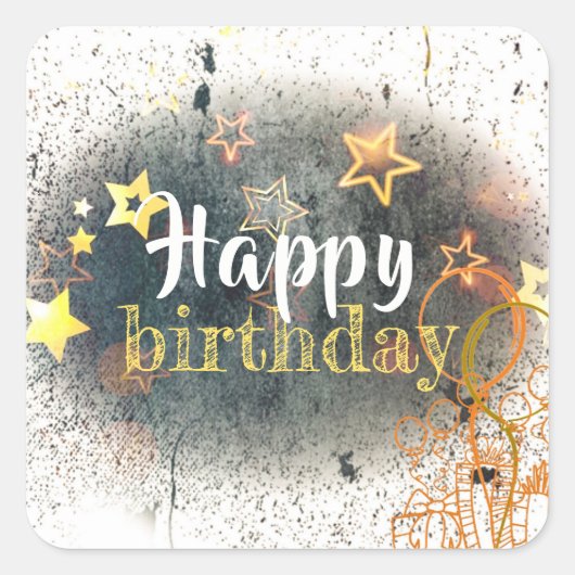 ハッピーバースデーパーティーは風船とギフトをスター スクエアシール (正面)