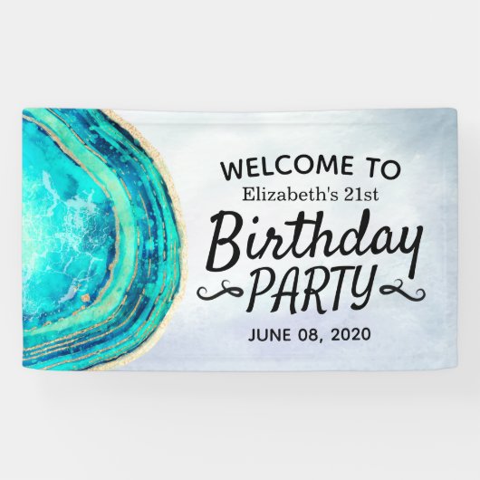 ハッピーバースデーパーティーティール（緑がかった色）金ゴールドアゲートゲイドウェルカム 横断幕 (横)