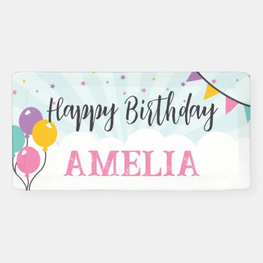 ハッピーバースデーパーティーバナーバルーン付きサイン 横断幕 (横)