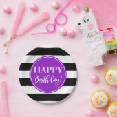 ハッピーバースデーパーティーパープル白黒ストライプ ペーパープレート (パーティー)