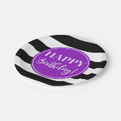 ハッピーバースデーパーティーパープル白黒ストライプ ペーパープレート (アングル)
