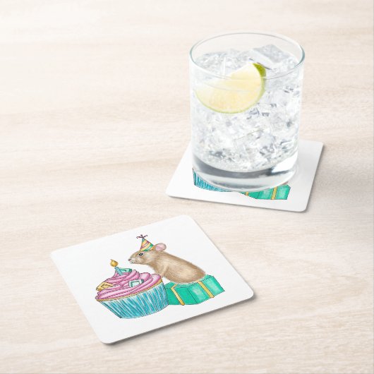 ハッピーバースデーパーティーピカカップケーキ スクエアペーパーコースター (インサイチュ)