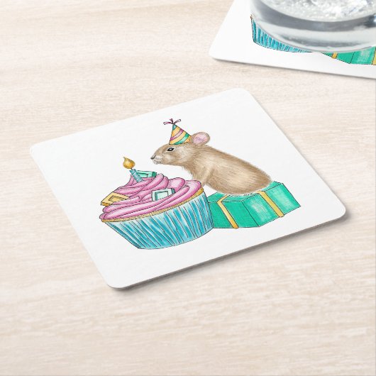 ハッピーバースデーパーティーピカカップケーキ スクエアペーパーコースター (アングル)