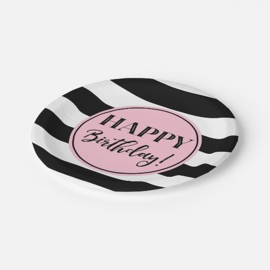 ハッピーバースデーパーティーピンク白黒ストライプ  ペーパープレート (アングル)