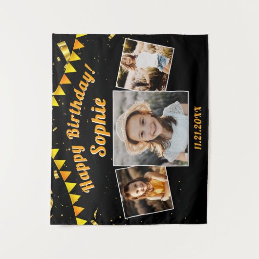 ハッピーバースデーパーティーフォトコラージュおもしろい背景 タペストリー (正面)