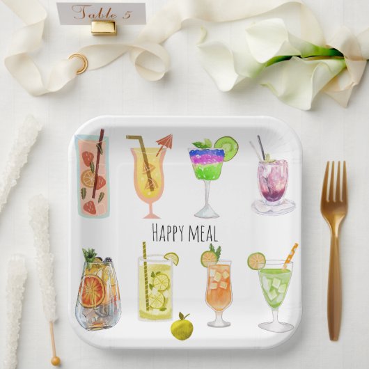 ハッピーバースデーパーティーユニークカクテルイメージホワイト ペーパープレート (ウェディング)