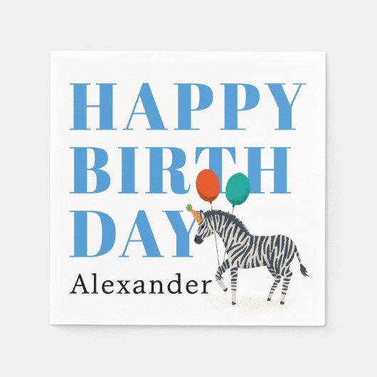 ハッピーバースデーパーティー動物ゼブラ名 スタンダードカクテルナプキン (正面)