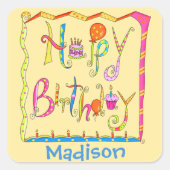 ハッピーバースデーパーティー名パーソナライズされた黄 スクエアシール (正面)