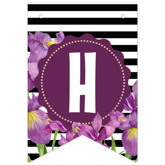 ハッピーバースデーパープルアイリス白黒ストライプズ バンティングフラッグ (第2の旗)