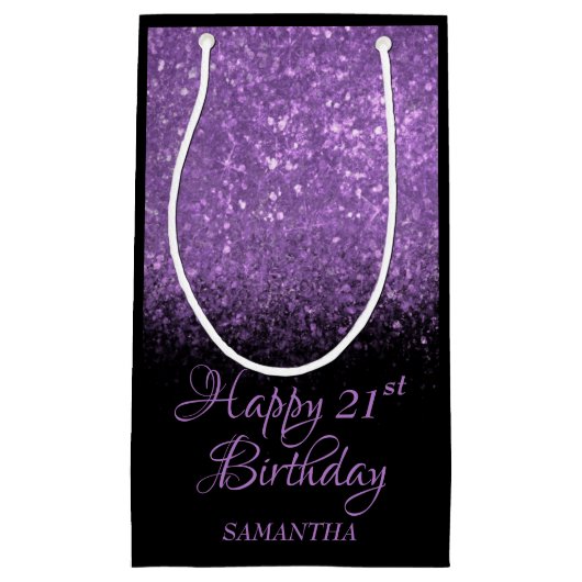 ハッピーバースデーパープルブラックグリッター任意の年齢 スモールペーパーバッグ (正面)