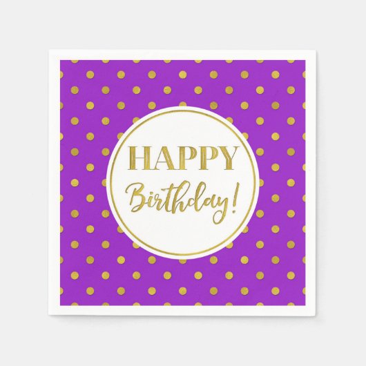ハッピーバースデーパープルホワイトゴールドドット スタンダードカクテルナプキン (正面)