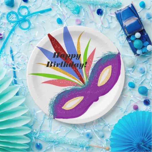 ハッピーバースデーパープルマスカレードマスク ペーパープレート (パーティー)