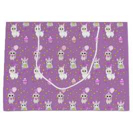 ハッピーバースデーパープルラマ、子猫とマウス ラージペーパーバッグ