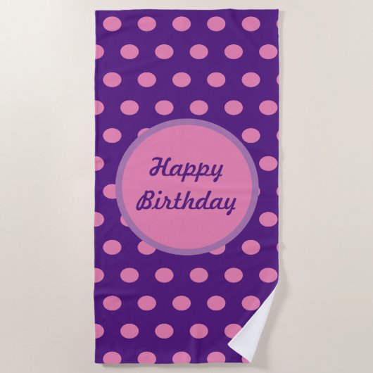 ハッピーバースデービーチタオル（紫とピンク） ビーチタオル (正面)