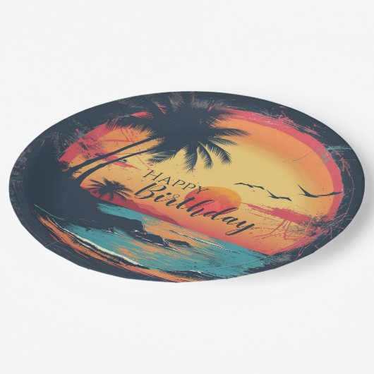ハッピーバースデービーチレトロをテーマ ペーパープレート (アングル)