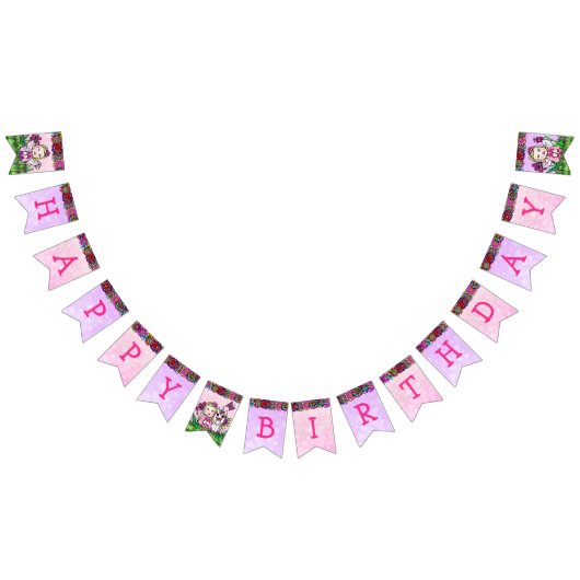 ハッピーバースデーピンクとパープルユニコーン妖精 バンティングフラッグ (全)