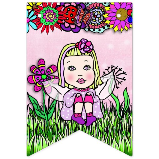 ハッピーバースデーピンクとパープルユニコーン妖精 バンティングフラッグ (第1の旗)