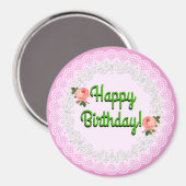 ハッピーバースデーピンクと白のヴィンテージギフトマグネット マグネット (正面/裏面)