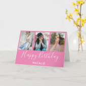 ハッピーバースデーピンクと白3フォトコラージュ カード (黄色い花)