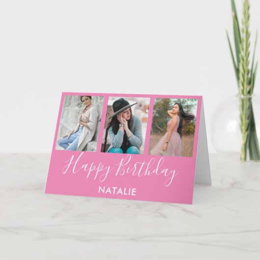 ハッピーバースデーピンクと白3フォトコラージュ カード (正面)