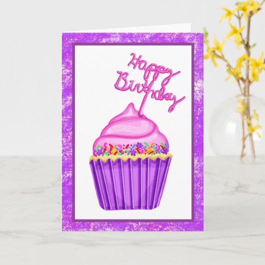 ハッピーバースデーピンクと紫のカップケーキ カード (黄色い花)