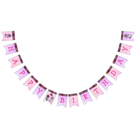 ハッピーバースデーピンクと紫のユニコーンバナー バンティングフラッグ (全)