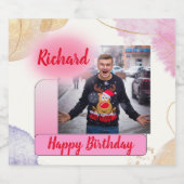 ハッピーバースデーピンクのグラデモダンーションの写真名の追加 スパークリングワインラベル (シングルラベル)