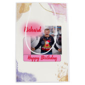 ハッピーバースデーピンクのグラデモダンーションの写真名の追加 ミディアムペーパーバッグ (正面)