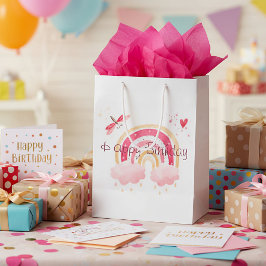 ハッピーバースデーピンクの虹 ミディアムペーパーバッグ