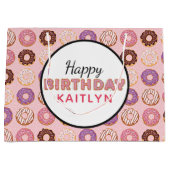 ハッピーバースデーピンクアイスのドーナツのパターン（名前） ラージペーパーバッグ (正面)