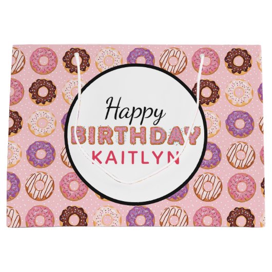 ハッピーバースデーピンクアイスのドーナツのパターン（名前） ラージペーパーバッグ (正面)