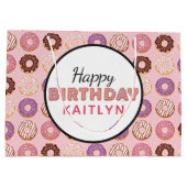 ハッピーバースデーピンクアイスのドーナツのパターン（名前） ラージペーパーバッグ (裏面)