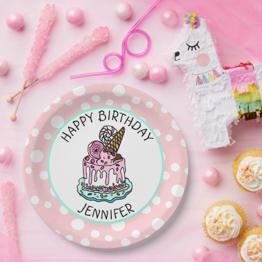 ハッピーバースデーピンクアンドミントグリーンガールズナプキンス ペーパープレート (パーティー)