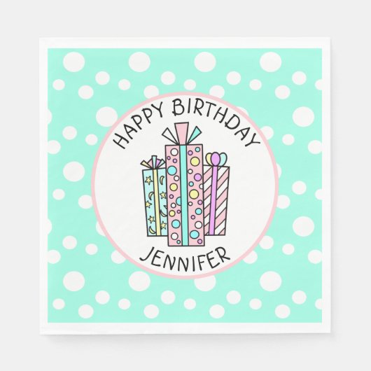 ハッピーバースデーピンクアンドミントグリーンガールズ スタンダードランチョンナプキン (正面)