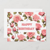 ハッピーバースデーピンクウォーターカラーバラ ポストカード (正面/裏面)