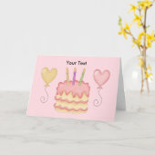 ハッピーバースデーピンクガールバルーンケーキ カード (黄色い花)