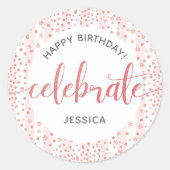 ハッピーバースデーピンクグリッタースクリプト白ストライプ色 ラウンドシール (正面)