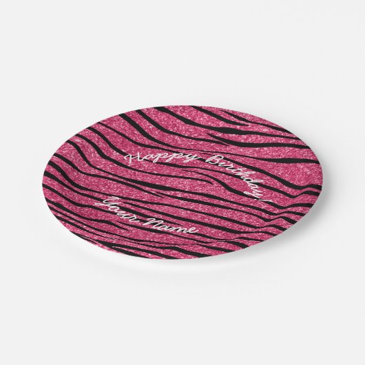 ハッピーバースデーピンクグリッター縞模様 ペーパープレート (アングル)