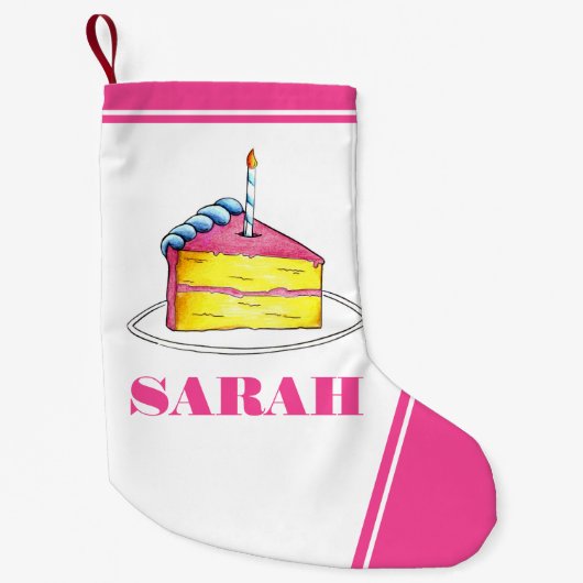 ハッピーバースデーピンクケーキスライスキャンドルパーティー スモールクリスマスストッキング (正面)