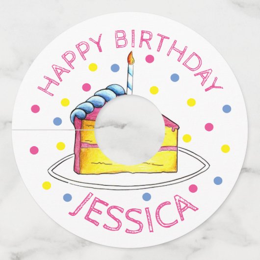 ハッピーバースデーピンクケーキスライスキャンドルパーティー ワイングラスタグ (正面)
