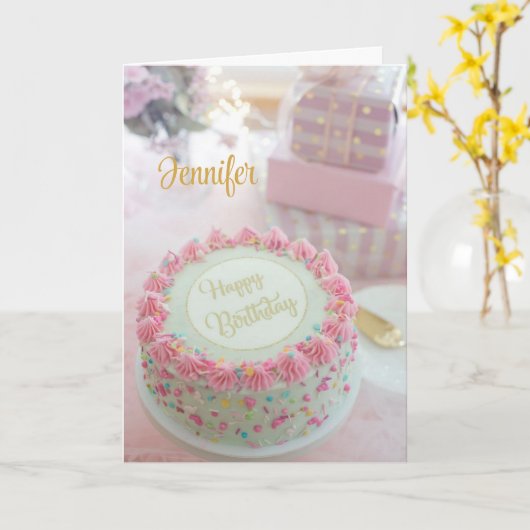 ハッピーバースデーピンクケーキパーソナライズグリーティングカード カード (黄色い花)